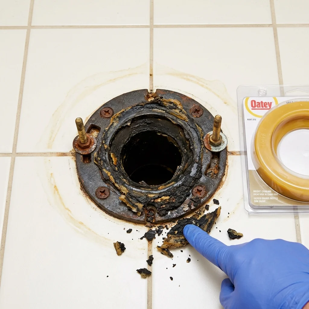 Failed wax ring showing water seepage at the base of a toilet in a Burton, MI home