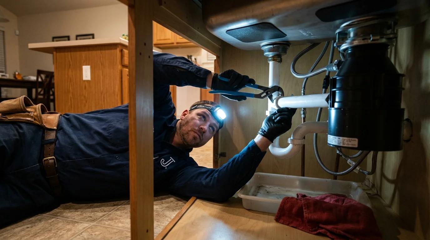 P-trap and supply line connections under a kitchen sink showing a common leak point in Burton, MI